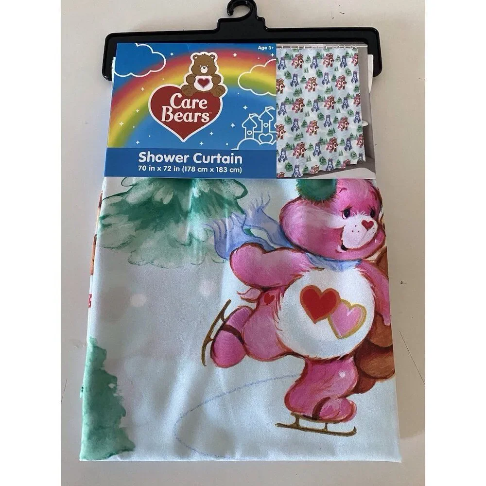 Care Bears Christmas Holiday Fabric Shower Curtain 70 X 72” Ice Skating Snow NEW